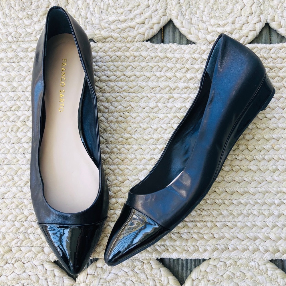franco sarto black leather pointy cap-toe flats 8